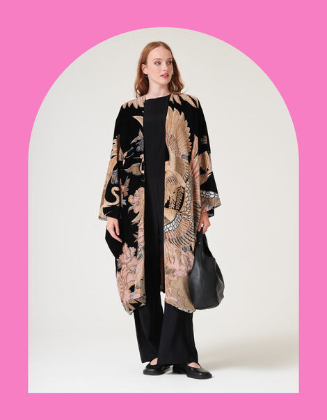 One Hundred Stars Crane Print Velvet Kimono, , large