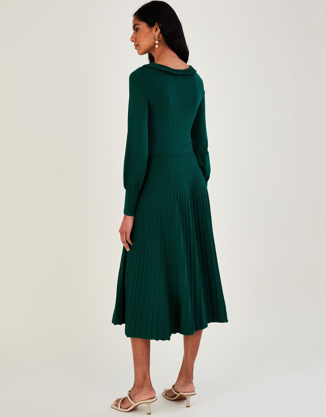 Pleat Trim Slash Neck Midi Dress, Green (DARK GREEN), large