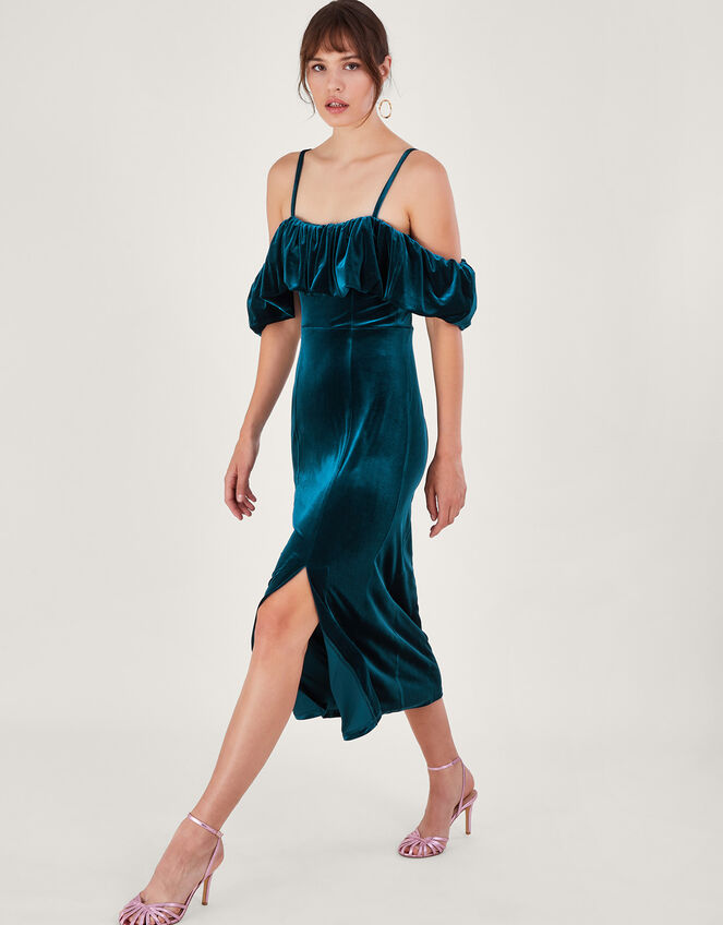 Agatha Velvet Bardot Dress, Teal (TEAL), large