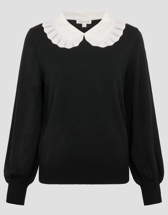 Cleo Pointelle Collar Jumper, Black (BLACK), large