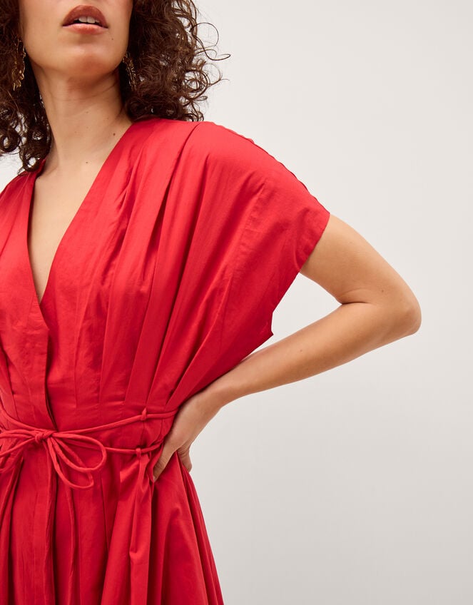 Riviera Pleated Tie Waist Midi Dress, Red (RED), large