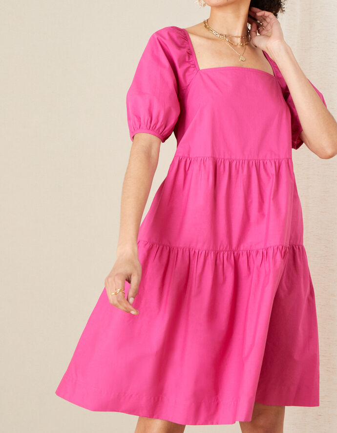 Pink Cotton Printed Tiered Dress
