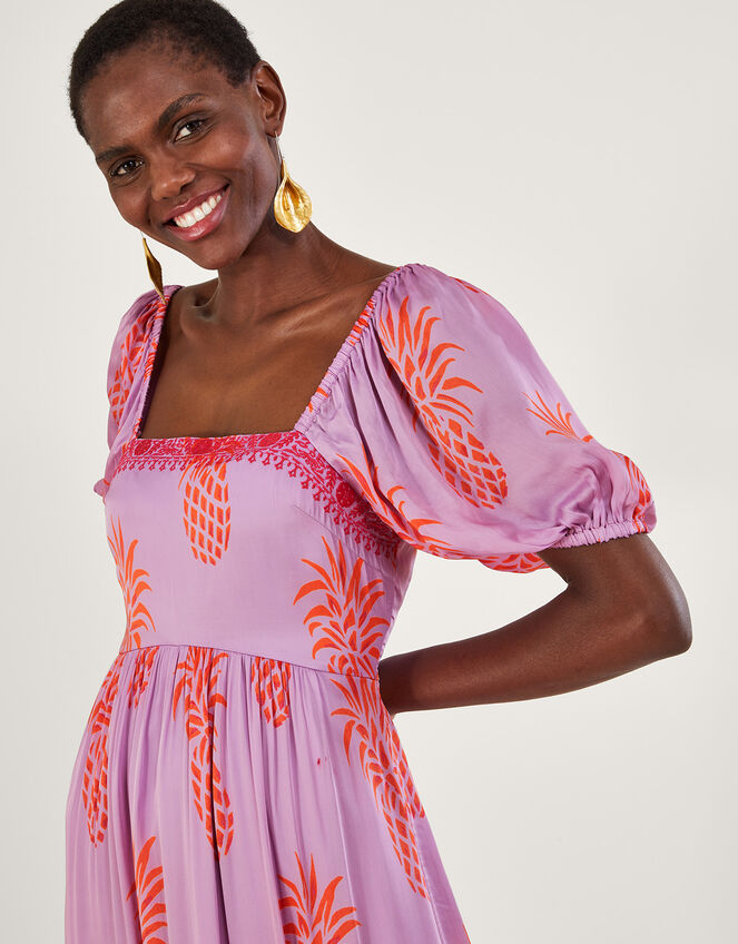 Anasi Pineapple Print Dress in Sustainable Viscose, Purple (LILAC), large