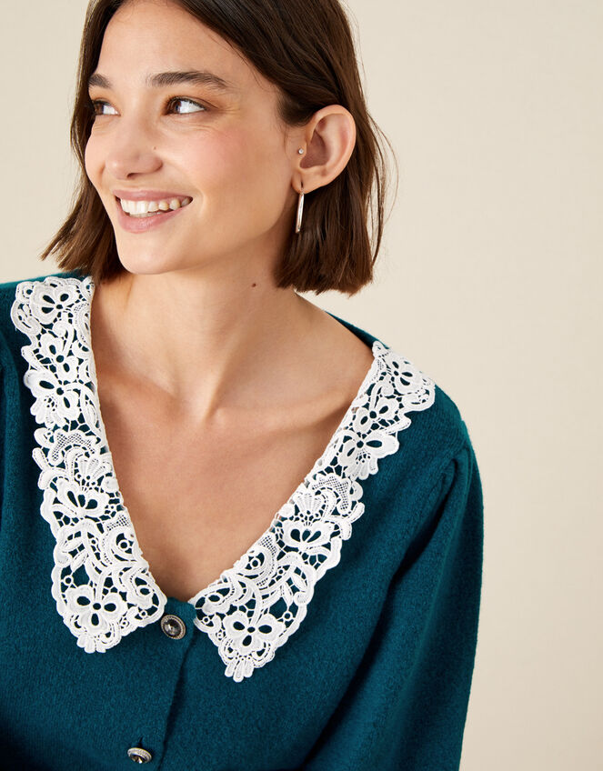 Leila Lace Collar Cardigan, Teal (TEAL), large