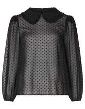 Dobby Chiffon Collared Blouse, Black (BLACK), large