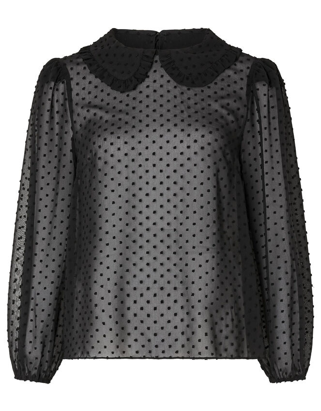 Dobby Chiffon Collared Blouse, Black (BLACK), large