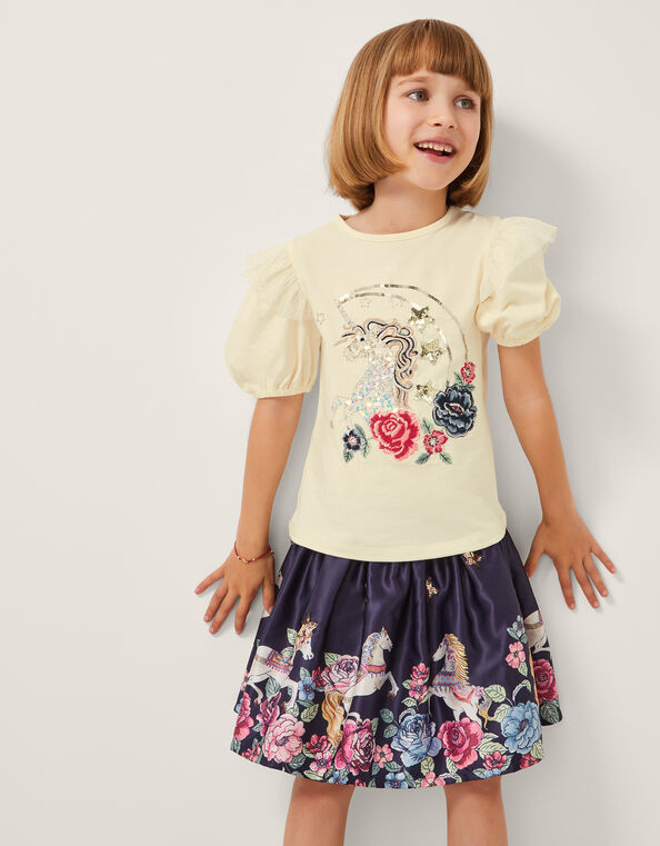 Floral Horse Print Satin Skirt, Blue (NAVY), large