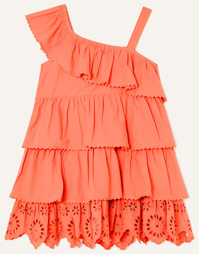 One-Shoulder Broderie Frill Dress , Orange (ORANGE), large