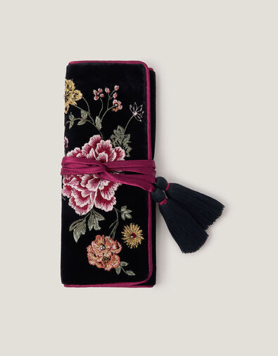 Floral Embroidered Velvet Jewelry Storage Roll , , large