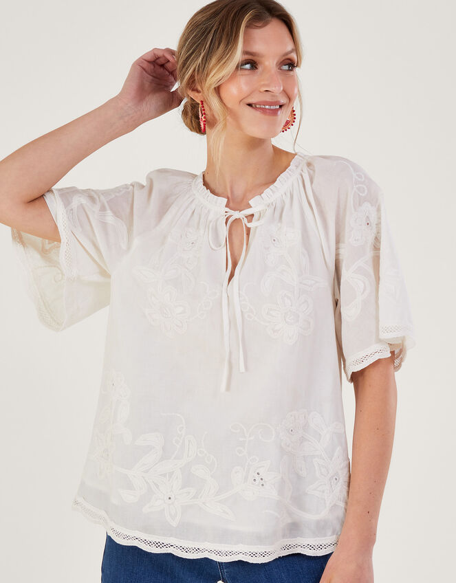 Embroidered Short Sleeve Top, White (WHITE), large