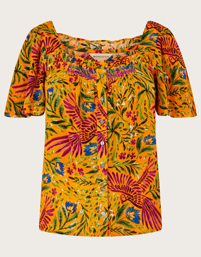 Floral and Palm Print Short Sleeve Top in LENZING™ ECOVERO™, Yellow (YELLOW), large