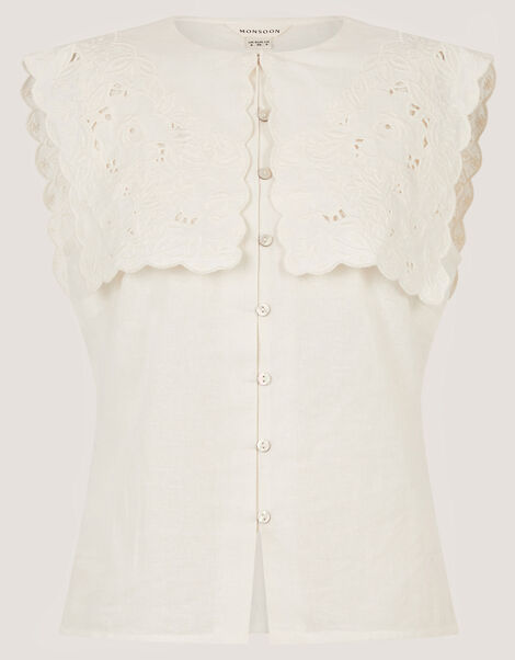 Lexi Sleeveless Embroidered Linen Blend Top, Ivory (IVORY), large