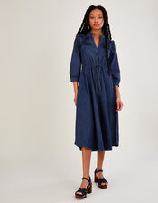 Denim Embellished Frill Yoke Maxi Dress, Blue (DENIM BLUE), large