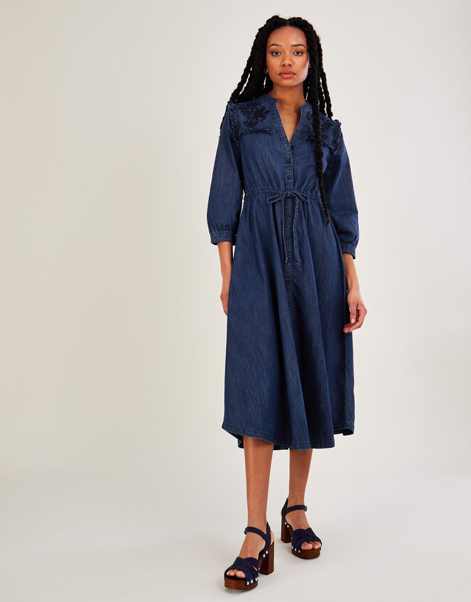 Denim Embellished Frill Yoke Maxi Dress, Blue (DENIM BLUE), large