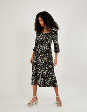 Floral Square Neck Split Jersey Dress, Black (BLACK), large