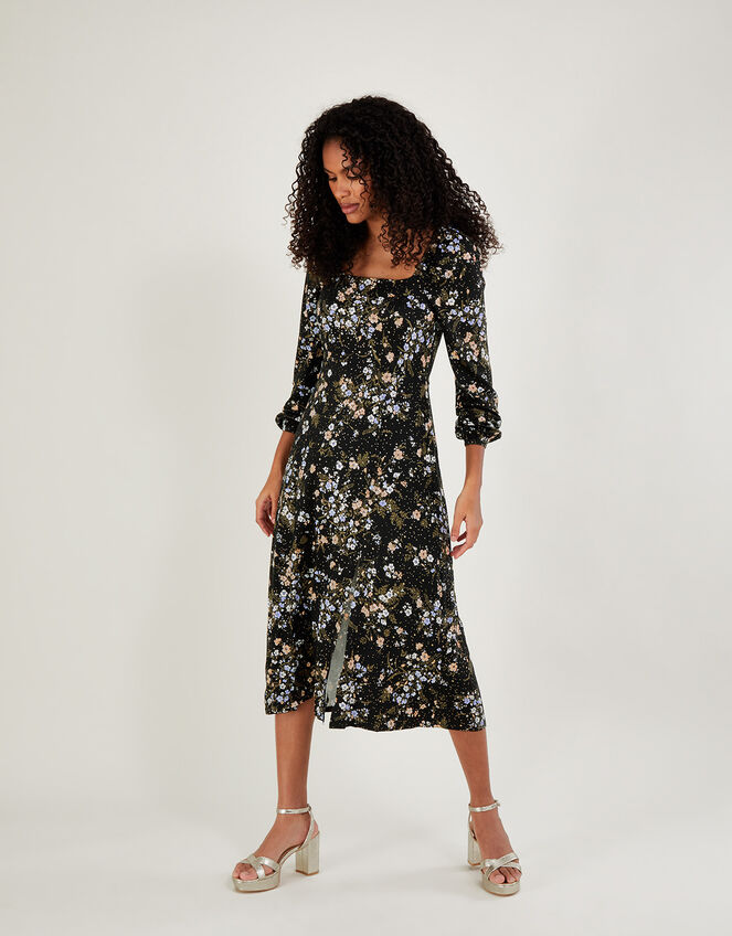 Floral Square Neck Split Jersey Dress, Black (BLACK), large