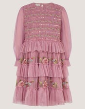 Sequin Embroidered Ruffle Mesh Dress, Pink (PINK), large