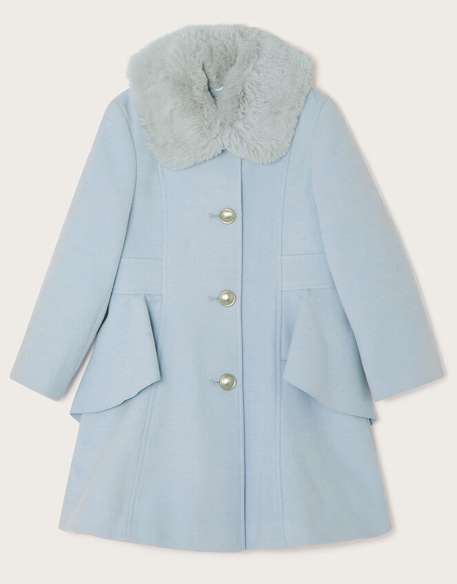 Waist Waterfall Coat with Faux Fur Collar, Blue (PALE BLUE), large