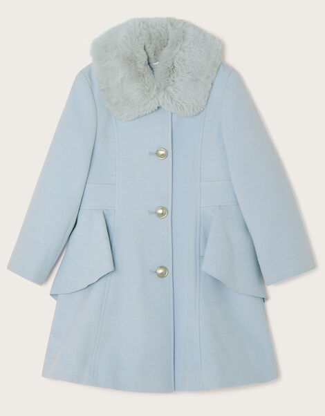 Waist Waterfall Coat with Faux Fur Collar Blue, Blue (PALE BLUE), large