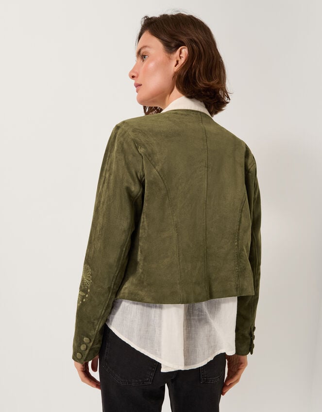 Ari Embroidered Faux Suede Jacket, Green (KHAKI), large