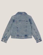 Sequin Floral Embroidered Denim Jacket, Blue (BLUE), large