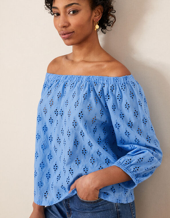 Schiffli Crop Sleeve Bardot Top, Blue (BLUE), large