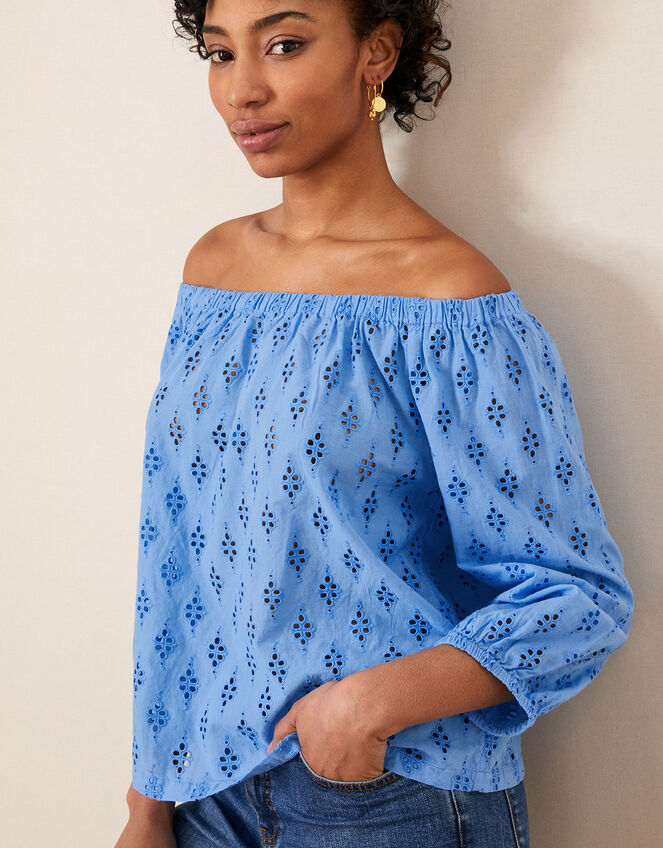 Schiffli Crop Sleeve Bardot Top, Blue (BLUE), large