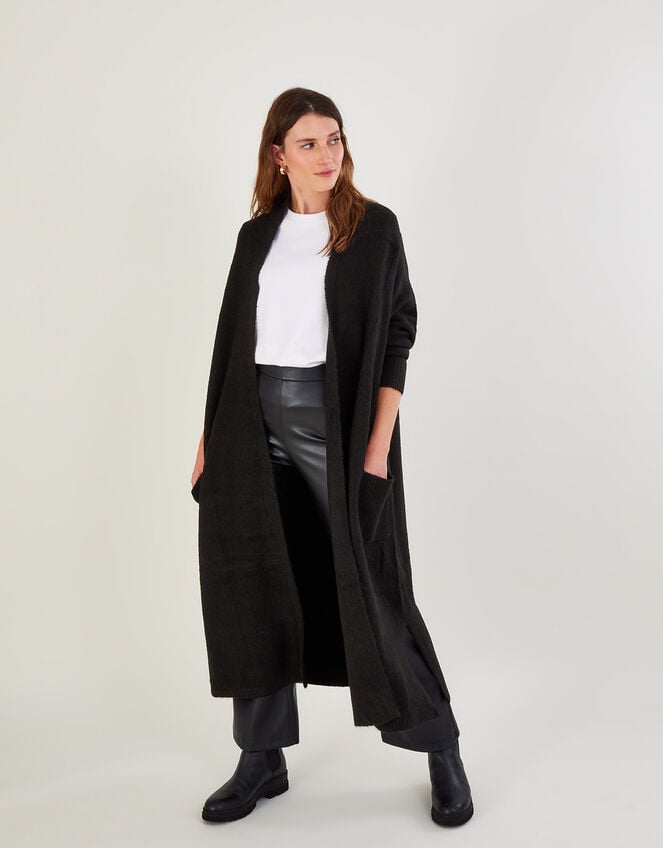 Longline Pocket Cardigan with Recycled Polyester, Black (BLACK), large