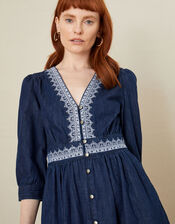 Bria Embroidered Denim Dress, Blue (DENIM BLUE), large