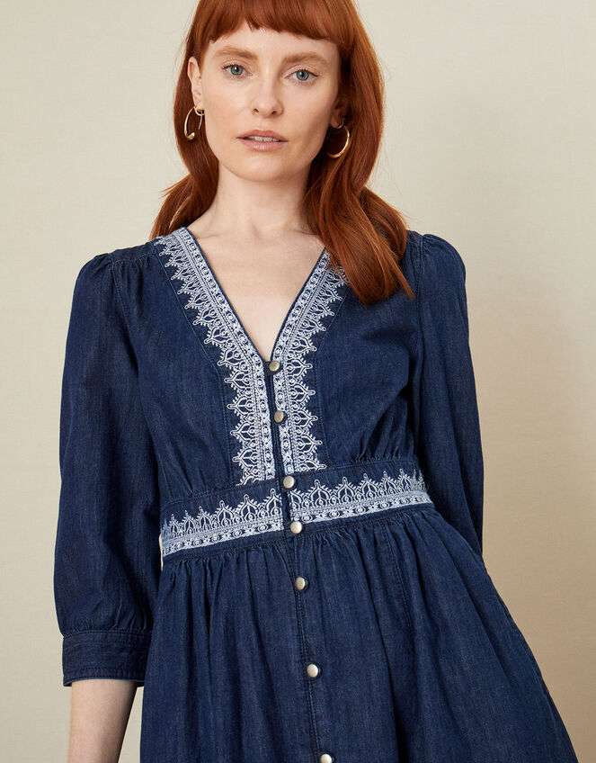 Bria Embroidered Denim Dress, Blue (DENIM BLUE), large