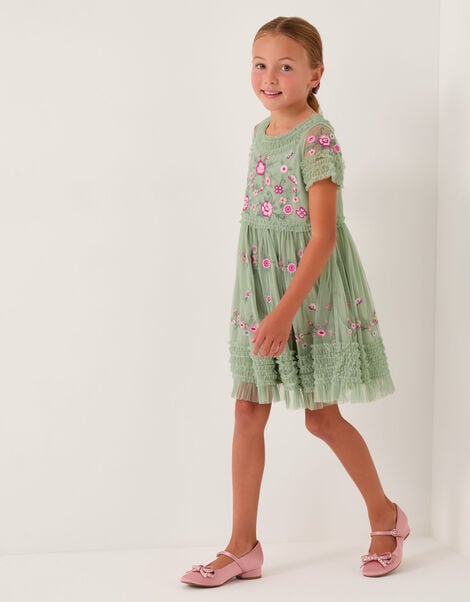 Floral Embroidered Ruffle Tulle Dress, Green (GREEN), large