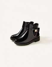 Patent Bow Studded Boots, Black (BLACK), large