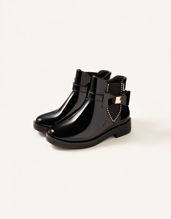 Patent Bow Studded Boots, Black (BLACK), large