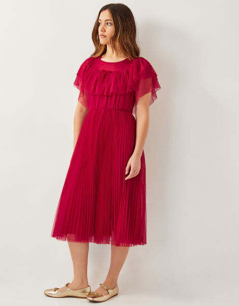 Frilly Polka Dot Mesh Pleated Dress, Red (RED), large