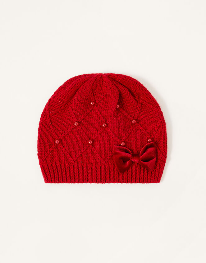 Ruby Pearl and Bow Beanie, Red (RED), large