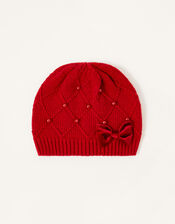 Ruby Pearl and Bow Beanie, Red (RED), large