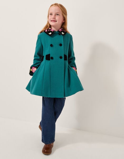 Contrast Double-Breasted Velvet Coat, Teal (TEAL), large