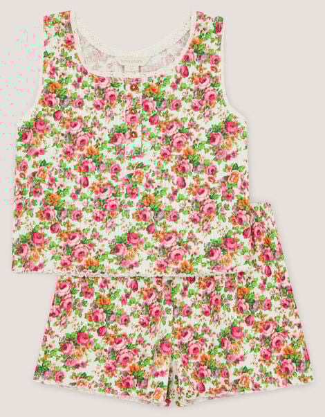 Floral Print Ribbed Short Pyjama Set, Cream (CREAM), large