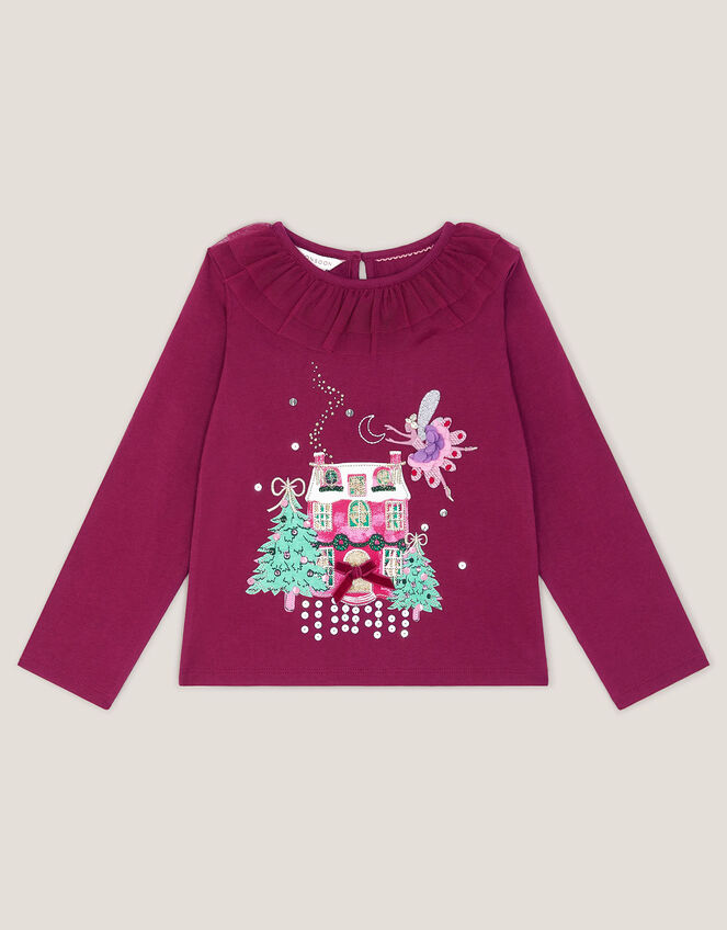 Christmas House Embellished Long Sleeve Top, Red (BURGUNDY), large