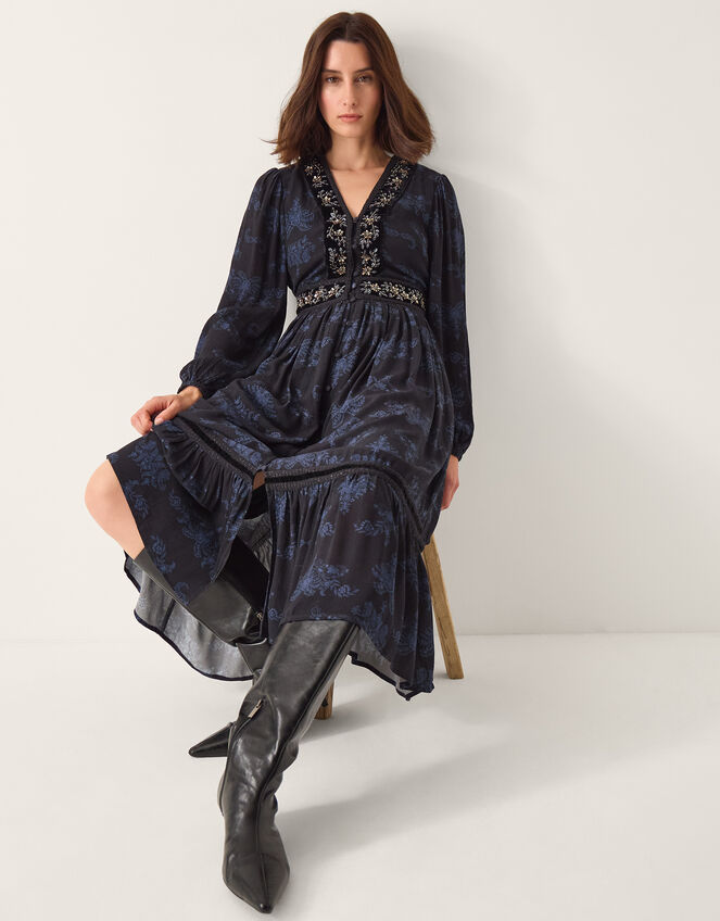 Kelly Floral Print Embellished Midi Dress , Blue (MIDNIGHT), large