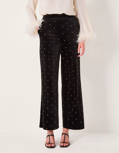 Emma Embellished Velvet Wide Leg Pants, Black (BLACK), large
