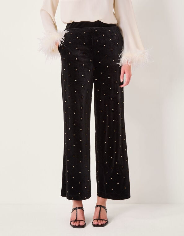 Emma Embellished Velvet Wide Leg Trousers, Black (BLACK), large