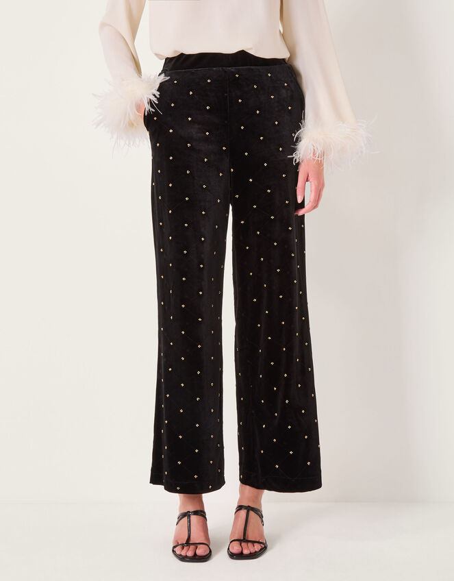 Emma Embellished Velvet Wide Leg Pants, Black (BLACK), large