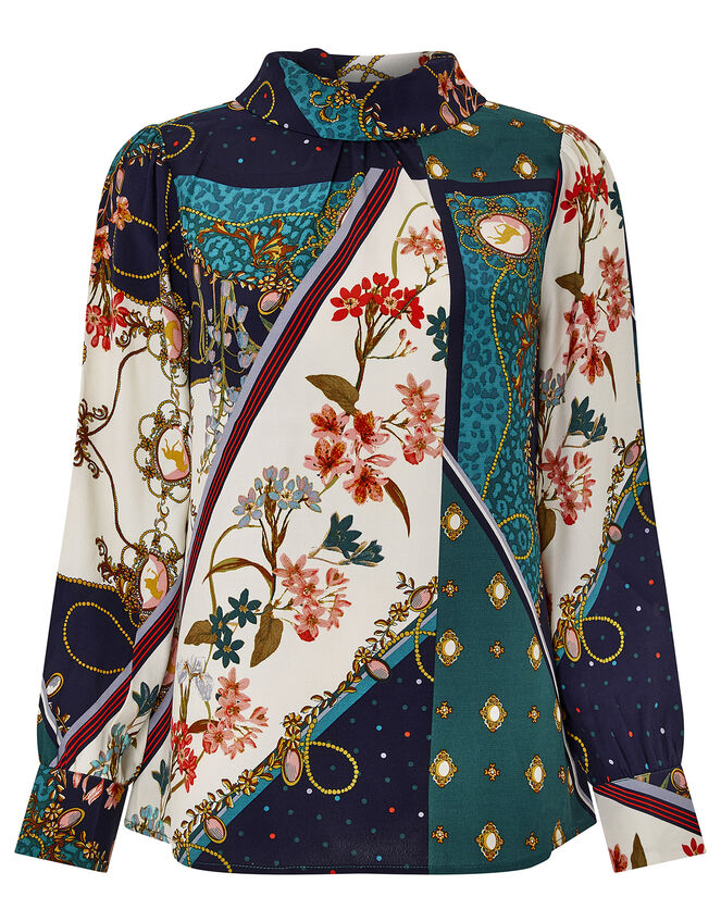 Pearly Queen Print High Neck Blouse, Teal (TEAL), large