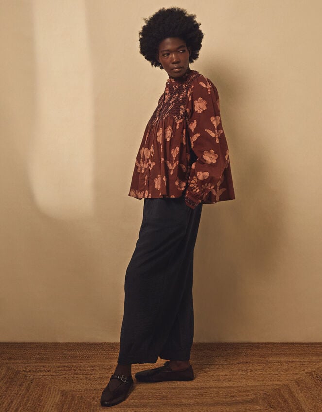 East Zena Hand-Batik Smocked Blouse, Brown (BROWN), large