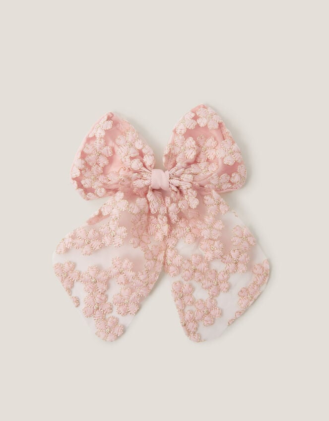 Floral Embroidered Bow Hair Clip, , large