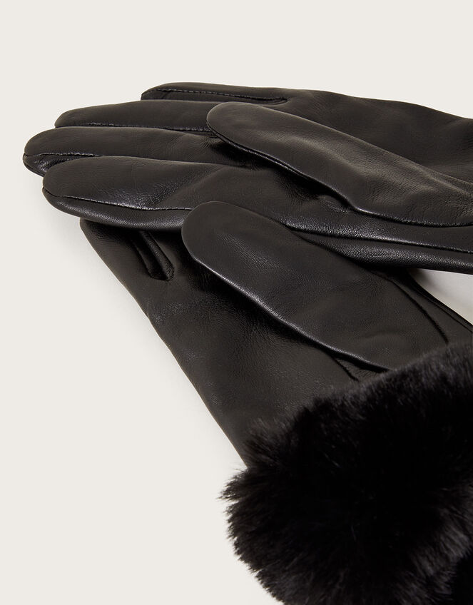 Fur Trim Leather Gloves, Black (BLACK), large