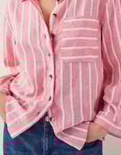 Tyra Linen-Blend Stripe Shirt, Pink (PINK), large
