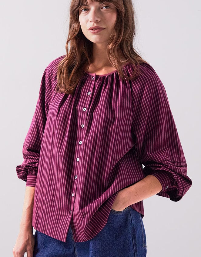 East Sereni Striped Cotton Shirt, Red (BERRY), large