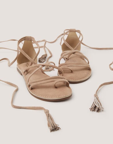 Gia Tassel Strap Suede Sandals, Natural (NEUTRAL), large